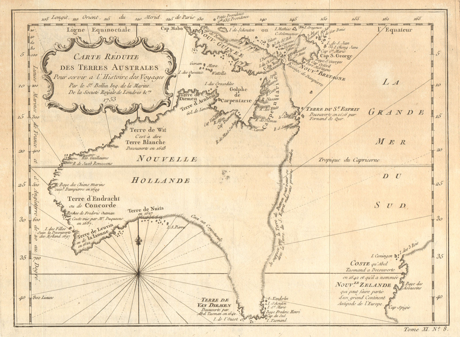 'Carte réduite des Terres Australes'. Pre-Cook Australia & NZ. BELLIN 1753 map